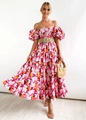 Detail of floral print off-shoulder maxi dress with puff sleeves and layered ruffle hem - Magenta Floral