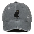 Casquette de baseball en coton gris délavé avec chat noir aux yeux jaunes brodé - Gris
