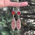 Long asymmetrical earrings with deep red rhinestones and teardrop coral pattern pendants - S089 Ruby Chrysanthemum Pattern