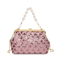 Pink sequin evening bag with gold metal frame and pearlescent beaded handle strap - Pink
