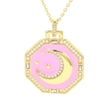 Pink enamel octagonal necklace pendant with gold crescent moon and sparkling zircon stars - Pink