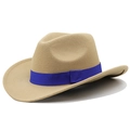 Detailopname van kaki cowboyhoed met een opvallende helderblauwe geribbelde stoffen lint - M (56-58 cm) Verstelbaar / camel