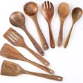 8-piece natural teak wood cooking utensil set with spatulas and ladles on white background - Frying Spatula/Slotted Spoon/Soup Spoon/Pasta Server/Salad Spoon/Angled Spatula/Flat Spatula/Rice Paddle