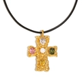 Baroque style 18K gold plated stainless steel cross pendant with multicolored crystals on black rope - Colorful Hammered Cross Black Rope Necklace - Gold - Pearl