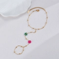 Bohemian 18K gold plated stainless steel flower necklace with beads and matching ring link - Gold - Double Flower Slave Bracelet