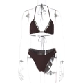 Detailansicht eines dunkelbraunen Bikini-Oberteils mit silbernen Metallknopf-Verzierungen - S / Kaffeebraun