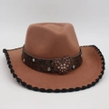 Cappello da cowboy in feltro marrone con fibbia a cuore in strass e tesa larga - Taglia unica / Bordo Nero Cachi