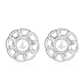 Pendientes retro de acero inoxidable con diseño de cadena hueca y perla blanca central - Estilo Perla Plateada / Plata (MS-627)