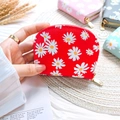 Chic red semicircular coin purse with white daisy print and golden zipper closure - Red