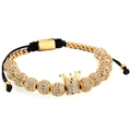 Men's crown beaded bracelet with gold cubic zirconia charms and black braided cord strap - Gold Crown Style