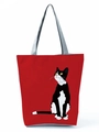 Close-up of red canvas tote bag featuring a cute black and white cat illustration - Red Cow Cat Print (hl3549)