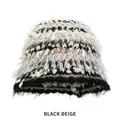 Striped plush knit bucket hat in black and beige faux fur texture for winter - M (54-58cm) / Black Beige