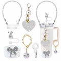 Sparkling rhinestone heart keychain, bow, and diamond ring straw cover for Stanley cup - Silver Minimalist Rhinestone Set