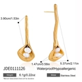 Detailed view of gold stainless steel calla lily earrings with white pearls and size specs - Calla Lily Flower Style (JDE0111126)