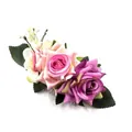 Bohemian floral hair comb with pink and purple faux roses and green leaves on metal base - FS33-3 Pink Purple