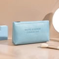 Blue glitter PU leather travel cosmetic bag with zipper and silver fashion lettering - Blue-Small