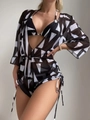 Three-piece bikini set with long sleeve mesh cover-up and geometric print drawstring waist - S / Black and White Geometric 3-Piece Set / Black Geometric