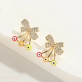 Minimalist gold bow earrings with colorful enamel pendants and sparkling zircons - Bow
