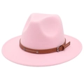 Detail of pink wool fedora hat featuring a brown leather band with silver metal studs - Pink (2 Studs)