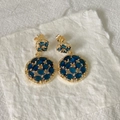 Double-layered 18k gold plated round earrings with sparkling deep blue cubic zirconia - Gold Base Dark Blue Rhinestone