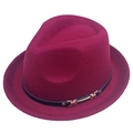 Close-up of wine red wool felt fedora with black decorative band and gold buckle detail - M (56-58cm) / Red