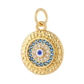 Detailed view of a gold Evil Eye pendant featuring micro-pave blue and white zircons - Classic Blue Evil Eye Round