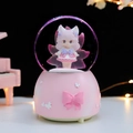 Pink fox girl crystal ball music box with cherry blossom theme and matte base - Large Internal Rotation + Snow + Light + Music / 5184 Pink Fox Girl