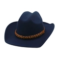 Navy blue felt cowboy hat with woven leather and wooden bead vintage band - One Size / Navy Blue