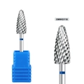 Detailed close-up of carbide nail drill bit with blue ring and precision cutting flutes - Blue Ring Short Taper Drill Bit (OMWGY18)
