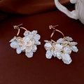 Detailed shot of vintage gold earrings with layered white petal pendants on silk - Gold Layered Flower Cluster Tassel (4# Silver Earring Post)