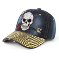 Cappellino da baseball in denim blu navy con ricamo teschio rosa e strass - Blu scuro