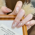 Short oval aurora pink cat-eye press-on nails with delicate shimmer and glass bead effect - By2375 Cat's Eye Flow / Glue Type