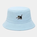 Close-up of light blue cotton bucket hat featuring funny black cat embroidery with a knife - M (56-58cm) / Light Blue