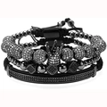Men's black multi-layer beaded bracelet set with crown charms and braided leather cord - Black Set 3pcs (Crown + Cube + Tube)