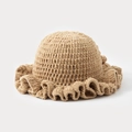 Handcrafted khaki knit bucket hat with wavy ruffled edge in solid color crochet style - One Size / Beige