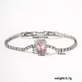 Elegant silver copper bracelet with pink rectangular zircon and sparkling round crystals - Halo Rectangle Pink Zircon (B00658-5)