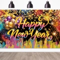 Toile de fond Happy New Year avec feux d'artifice et ballons pour décoration de fête - Décor de fond / 110*180cm