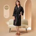 Elegant black mid-length bathrobe with vertical stripes, white piping and 3/4 sleeves - M / Female Style / Black