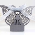 Silver laser-cut butterfly candy box with a white ribbon bow for weddings - Silver Charcoal with Silver Ribbon