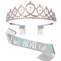 Silver Birthday Girl set featuring a rhinestone tiara and sparkling glitter sash - Set 23 (Silver with Colorful Text)