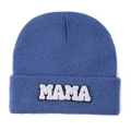 Detailed close-up of MAMA towel embroidery on blue knit beanie with clear fabric texture - Blue