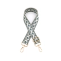 Détail de la bandoulière tissée gris-blanc avec mousquetons en métal doré poli brillant - Quincaillerie Dorée / Vert Turquoise