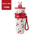 700ML insulated cherry print tumbler in cream white with a red sleeve and panda lid topper - Panda-Red