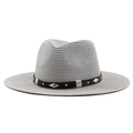 Detail of grey straw fedora hat featuring black leather band with silver metal rivets - 58cm / Gray