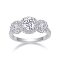 Three-stone halo sterling silver ring featuring round brilliant cut moissanite stones - Silver (R13160-6.5mm)