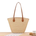Striped straw tote bag with brown leather handles and fringe detail in beige and tan - Multi Stripe Beige