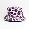 Detail of trendy leopard print bucket hat with purple, black, and white color stitching - One Size / Purple Leopard Print