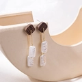 Artistic wood and shell tassel earrings with long gold chains and white pendants - Wood Geometric Vintage Shell Tassel Style (E1472-4/Earring Post)