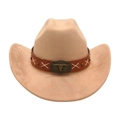 Cappello da cowboy beige con fascia in pelle marrone e decoro teschio di toro in metallo - Cammello