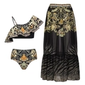 Three-piece black and gold swimsuit set with baroque print top and matching sarong - Ruffle Two-piece Umbrella Skirt Set